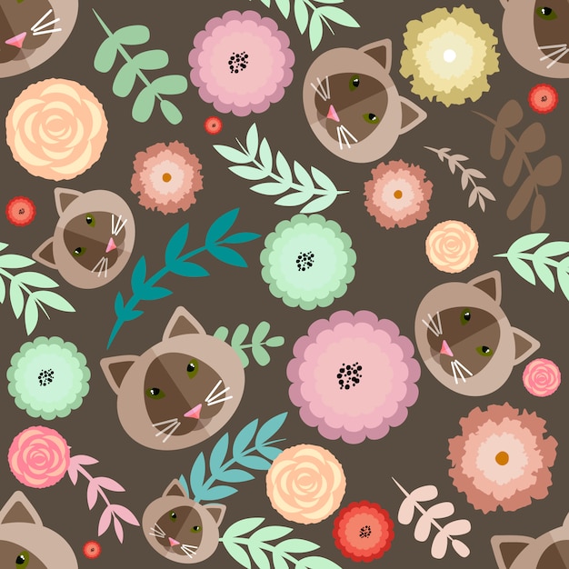 Gratis vector katten en bloemen patroon achtergrond