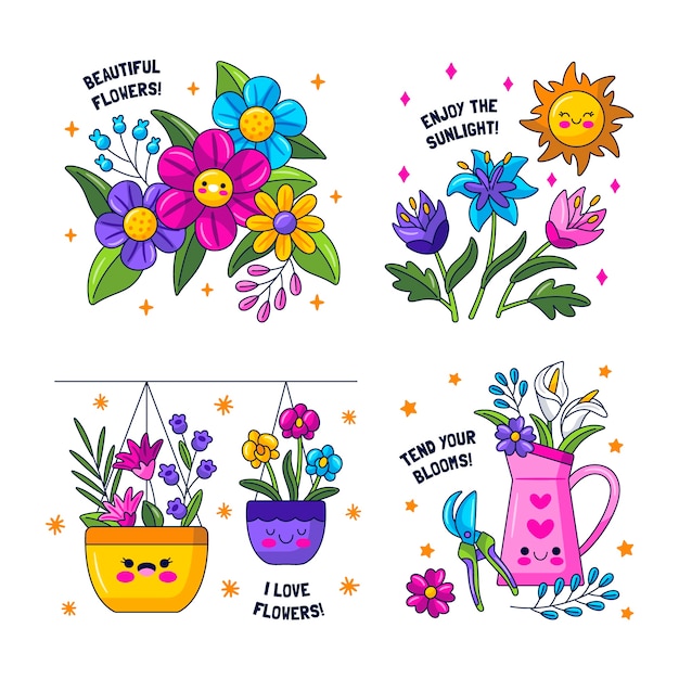 Gratis vector kawaii bloemen stickers set