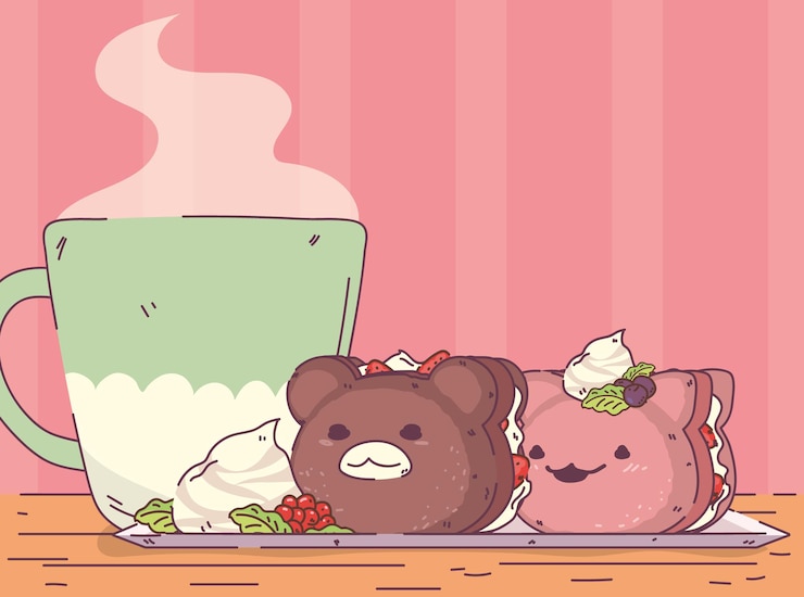 Gratis Vector kawaii dessert gebak en koffie