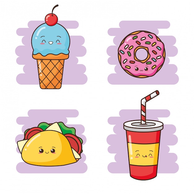 Kawaii fastfood schattig drankje, taco, donut, ijs illustratie