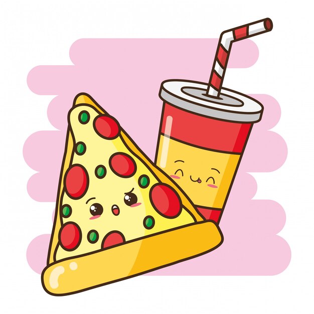 Kawaii fastfood schattige pizza en drinken illustratie