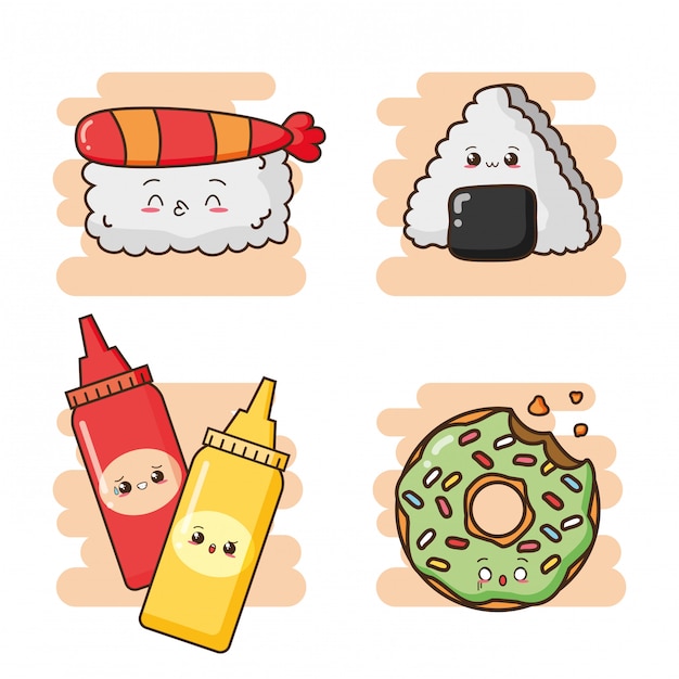 Kawaii fastfood schattige sushi, sauzen en een schattige groene donut illustratie