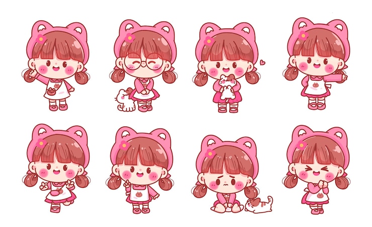 Gratis Vector kawaii girl cartoon collection vectorillustratie