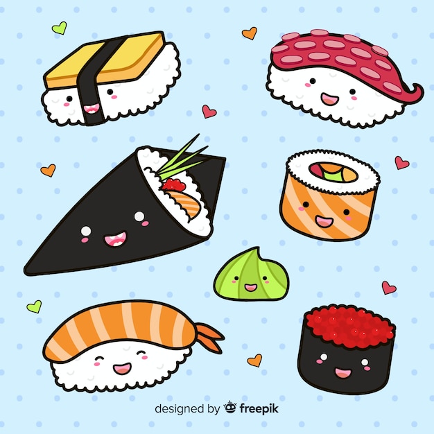 Gratis vector kawaii hand getrokken sushi-collectie