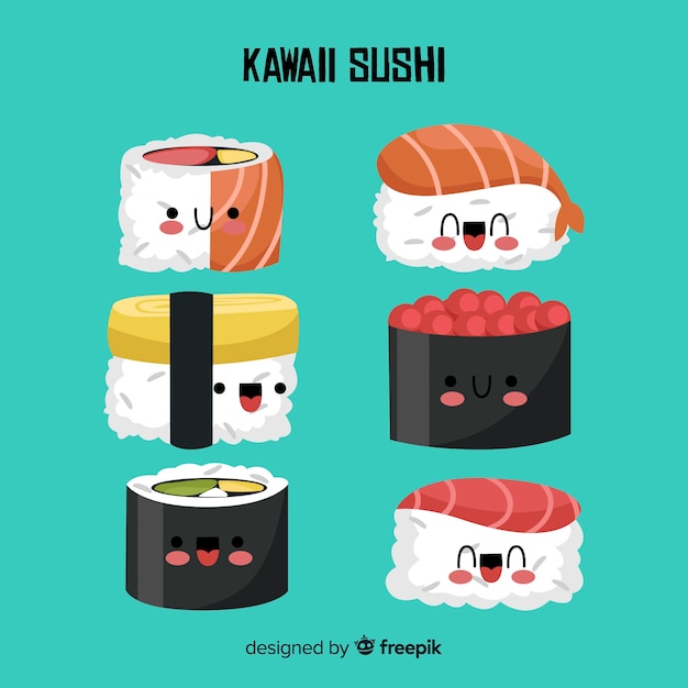 Gratis vector kawaii hand getrokken sushi-collectie