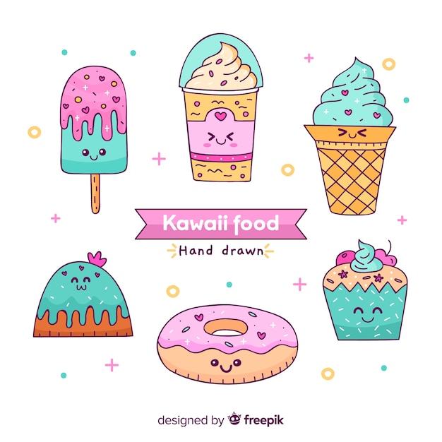 Gratis vector kawaii hand getrokken zoet voedsel collectie