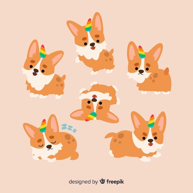 Gratis vector kawaii hond eenhoorn karakter collectie