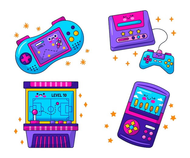 Gratis vector kawaii retro videogames stickers collectie