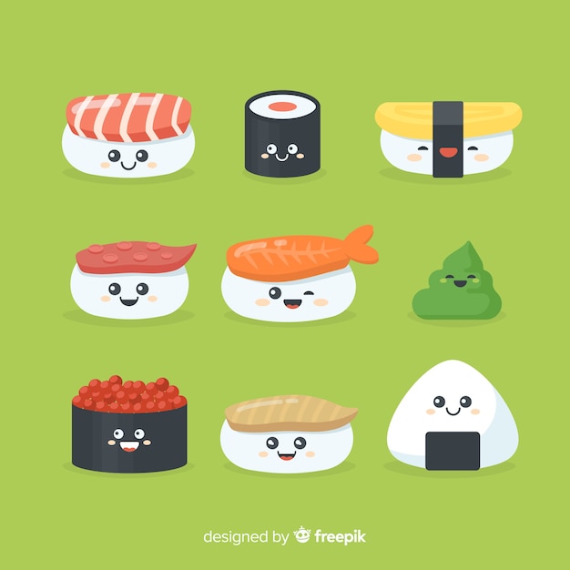 Gratis vector kawaii sushi-collectie