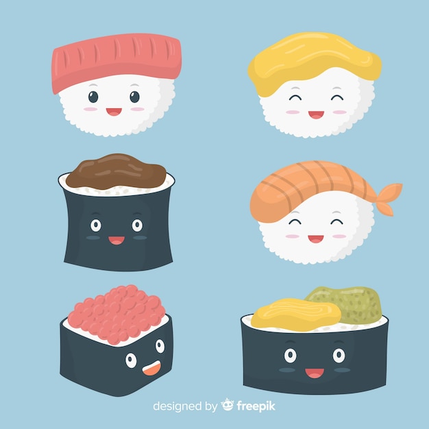 Gratis vector kawaii sushi-stukjes pakket