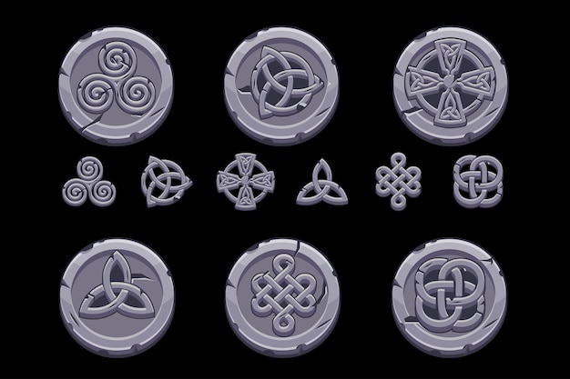 Keltische symbolen. cartoon instellen keltische pictogrammen op stenen munt