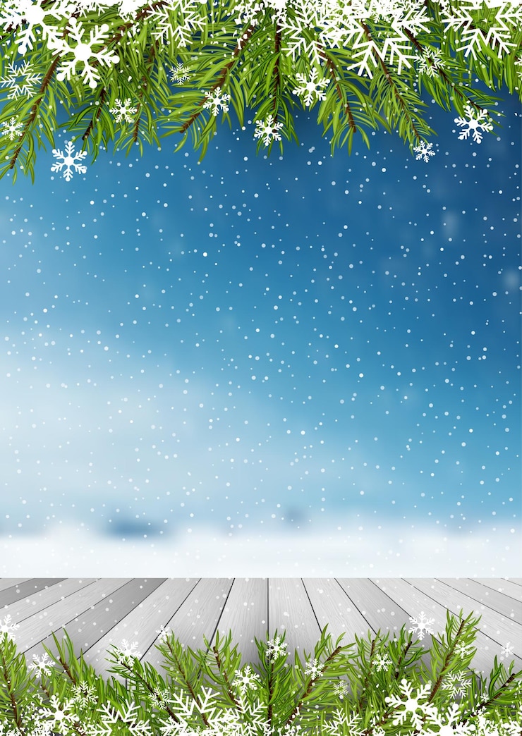 Gratis Vector kerst achtergrond met een houten tafel met uitzicht op het ontfocuste landschap