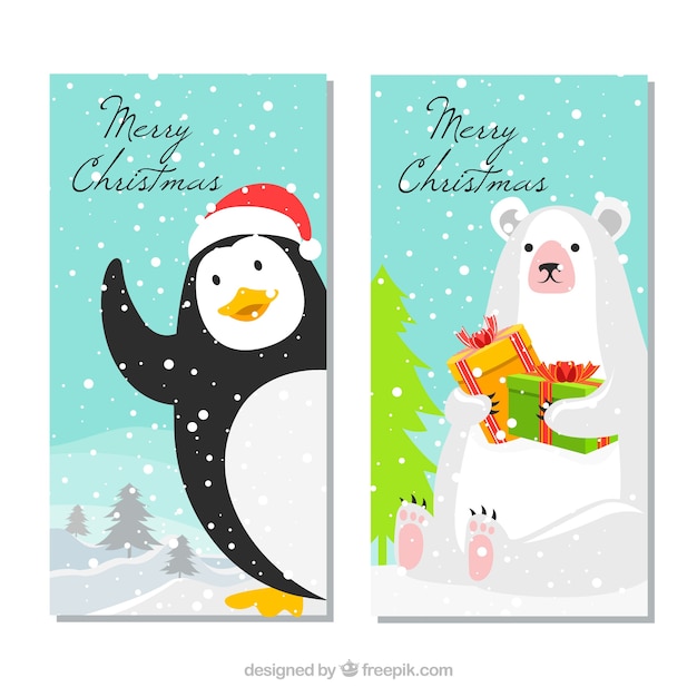 Gratis vector kerst banners met grappige pinguïn en ijsbeer