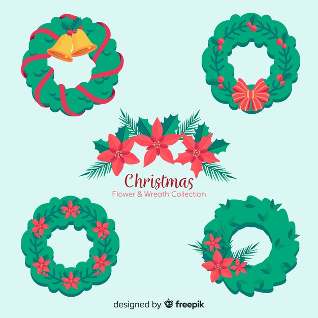 Kerst bloem en krans collectie in platte ontwerp