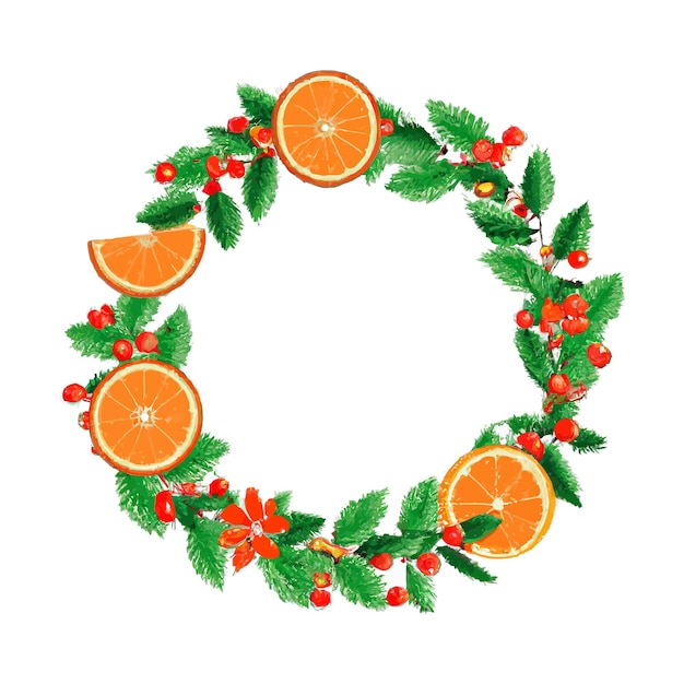 Kerst decoratie. rond frame met hulstbladeren, sinaasappels en maretaktakken