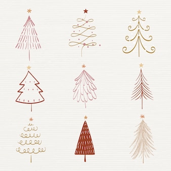 Kerst doodle sticker, schattige boom en dieren illustratie vector collectie