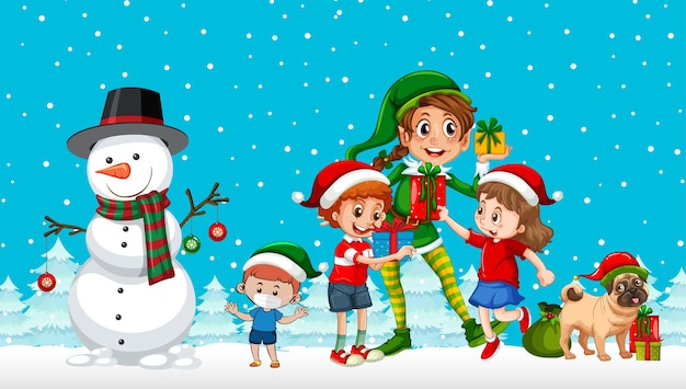 Kerst elf en kinderen in cartoon stijl op besneeuwde blauwe backgr