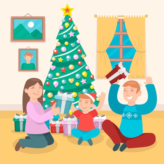 Gratis vector kerst familie scène concept in plat ontwerp