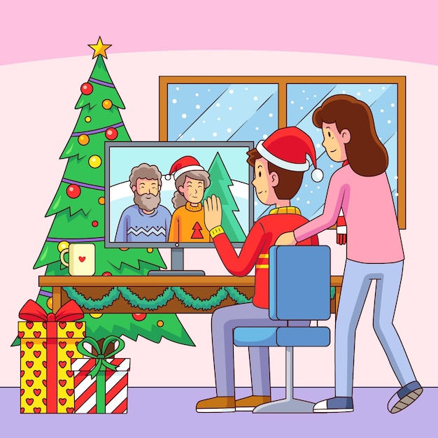 Kerst familie videocall illustratie met desktop