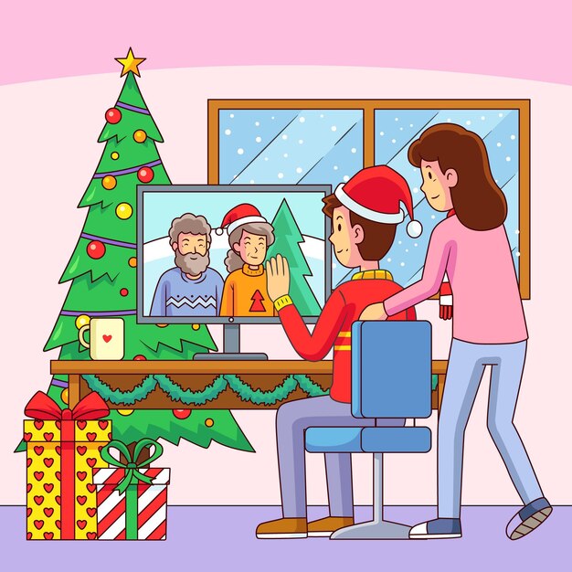 Kerst familie videocall illustratie met desktop