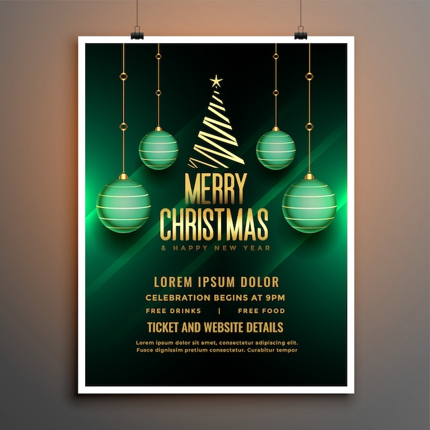 Kerst groen flyer poster sjabloon met bal en boom