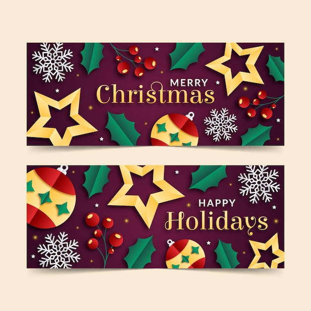 Kerst horizontale banners in papierstijl