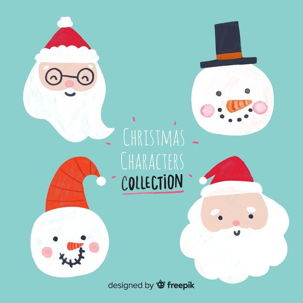 Kerst leuke kerstman en sneeuwman karakter gezichten collectie in platte ontwerp
