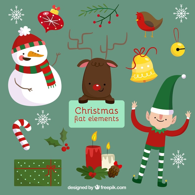 Kerst personages en decoratie in plat design