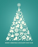 Kerst vector wenskaart met een boom samengesteld uit een verscheidenheid aan seizoensgebonden pictogrammen in wit silhouet gerangschikt in de vorm van een kegelvormige boom op blauw met onderstaande tekst voor kerstmis en nieuwjaar