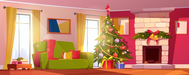 Gratis vector kerst woonkamer met open haard