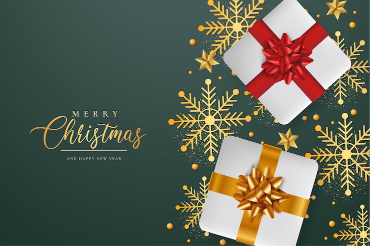 Gratis Vector kerstachtergrond met realistische geschenken en sneeuwvlokken