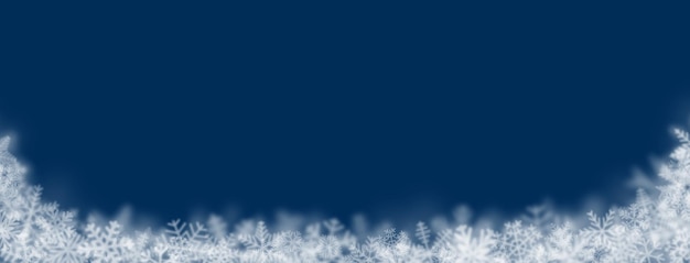 Kerstachtergrond van sneeuwvlokken in verschillende vormen, maten, vervaging en transparantie op donkerblauwe achtergrond