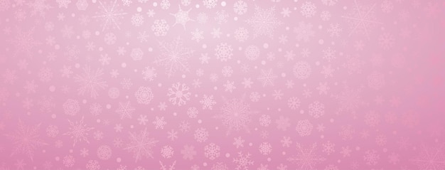 Kerstachtergrond van verschillende complexe grote en kleine sneeuwvlokken, in roze kleuren Premium Vector
