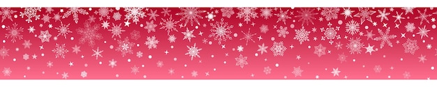 Kerstbanner van verschillende complexe grote en kleine sneeuwvlokken met horizontale naadloze herhaling, wit op rode achtergrond