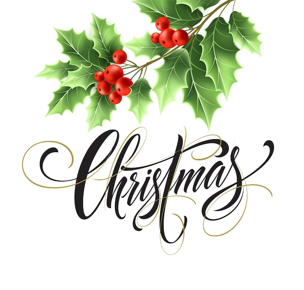 Gratis vector kerstbelettering met realistische maretaktakillustratie. xmas kalligrafie op witte achtergrond. kerst belettering met maretak takje en rode bessen. affiche, bannerontwerp. geïsoleerde vector