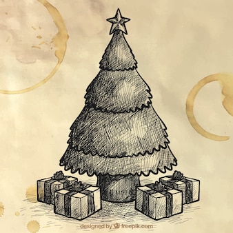 Kerstboom schets achtergrond en geschenken