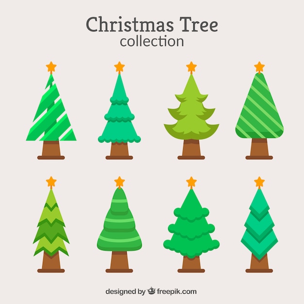 Kerstcollectie van acht bomen in verschillende tinten groen