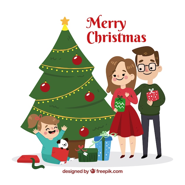 Gratis vector kerstfamiliescène in plat ontwerp