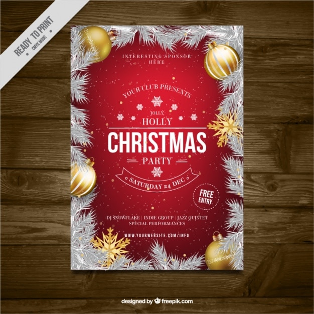 Gratis vector kerstfeest brochure met dennen bladeren en gouden ballen