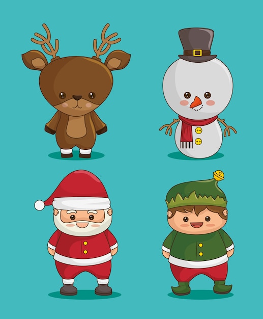 Kerstfiguren: herten, sneeuwpop, kerstman en elf