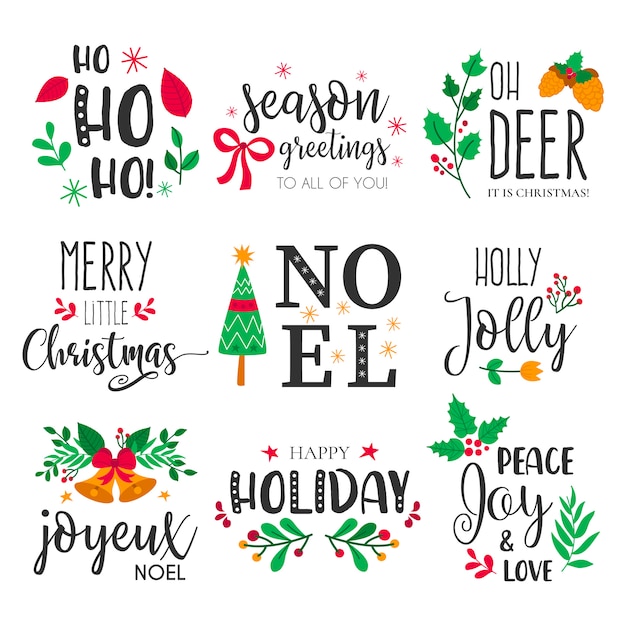 Gratis vector kerstkentekens met mooie handgetekende elementen en citaten