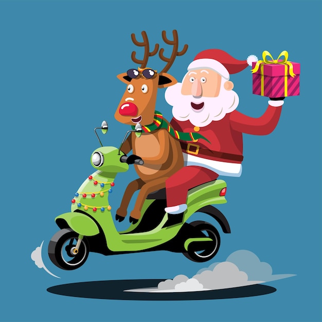 Kerstman en rendier rijden op een motorfiets om kerstcadeautjes te bezorgen aan kinderen over de hele wereld