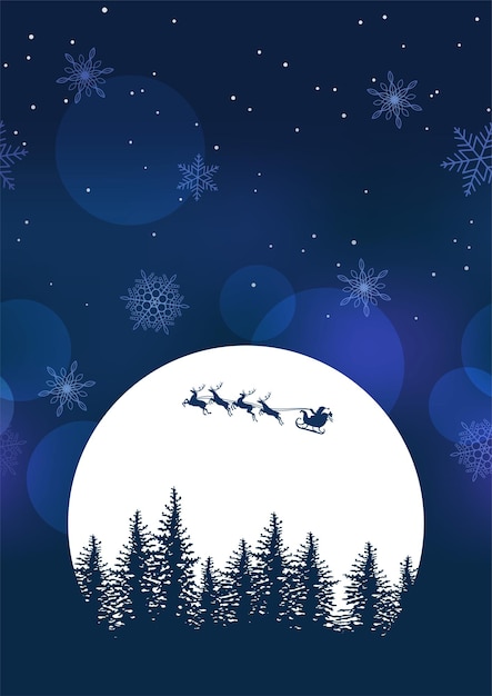 Kerstman en rendieren vliegen over de volle maan op een nachtelijke hemelachtergrond