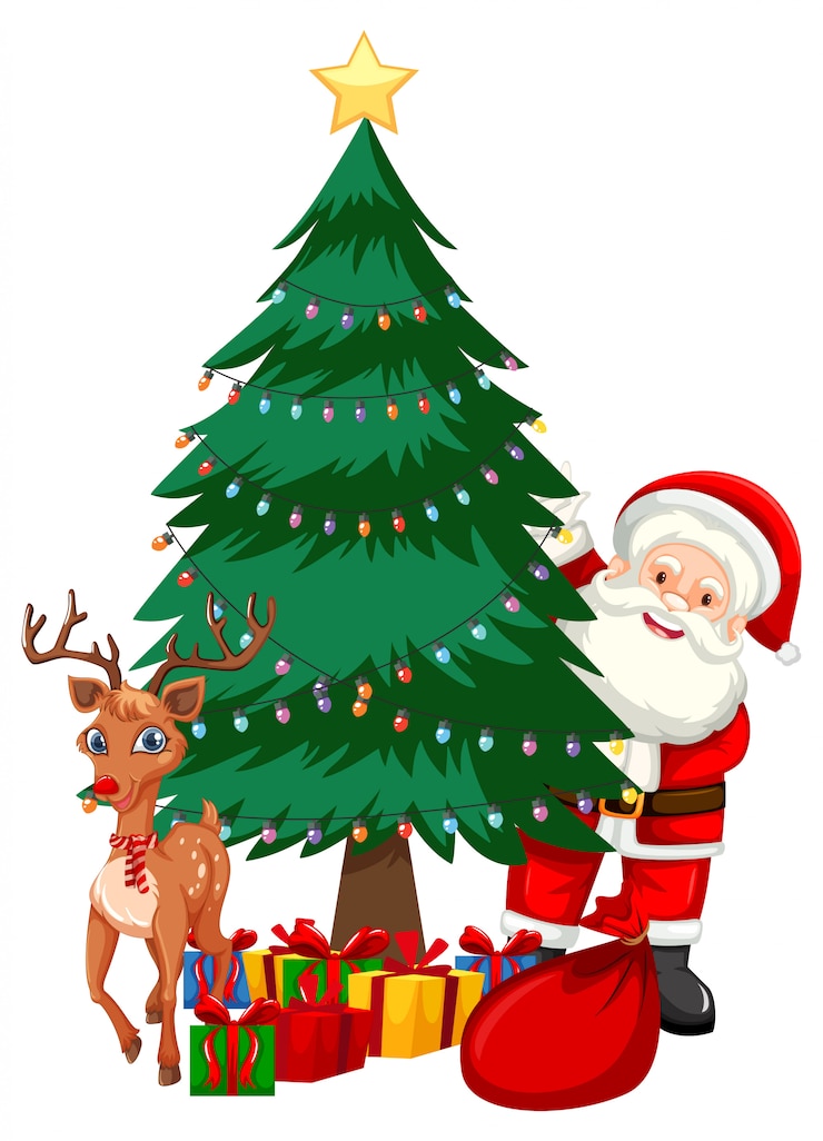 Gratis Vector kerstman naast kerstboom