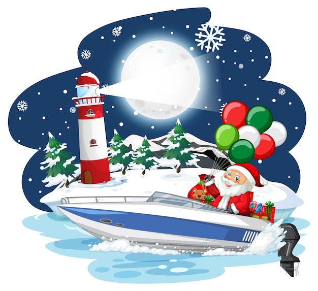 Kerstman op een speedboot op besneeuwde nacht
