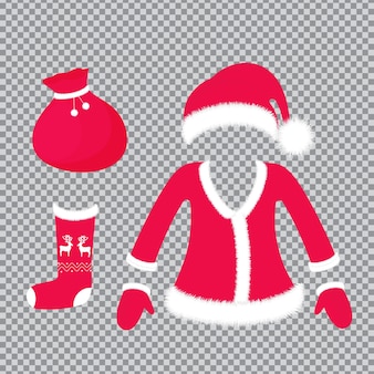 Kerstman outfit en accessoires - muts met pluizige pom pom, pak, wanten, sok met hert, tas met cadeaus. nieuwjaar en kerstversiering geïsoleerd op transparante achtergrond.