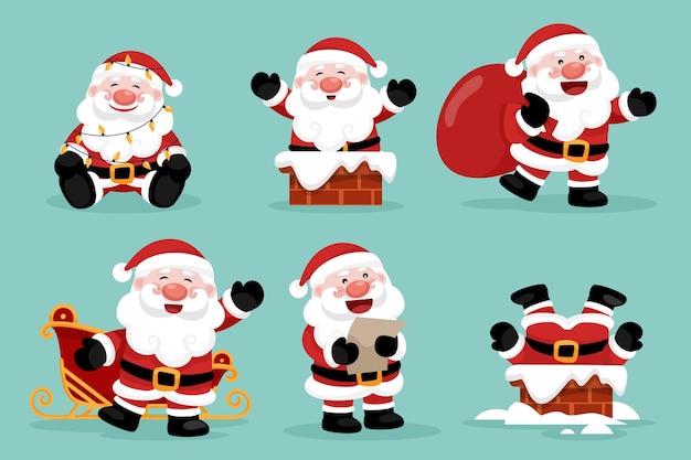 Gratis vector kerstman-personages in verschillende poses en scènes merry christmas-uitsnede-element