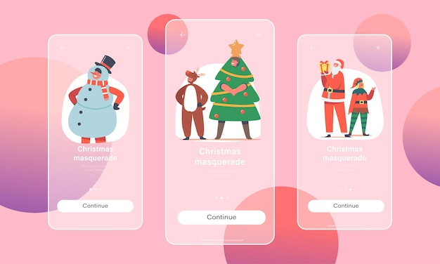 Kerstmaskerade mobiele app-pagina aan boord van schermsjabloon. kinderen in kostuums, meisjes- en jongenspersonages op matinee