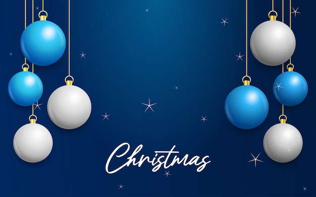 Gratis vector kerstmis blauwe achtergrond met hangende glanzende witte en zilveren ballen merry christmas wenskaart vectorillustratie
