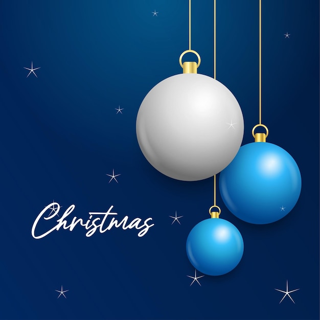 Gratis vector kerstmis blauwe achtergrond met hangende glanzende witte en zilveren ballen merry christmas wenskaart vectorillustratie